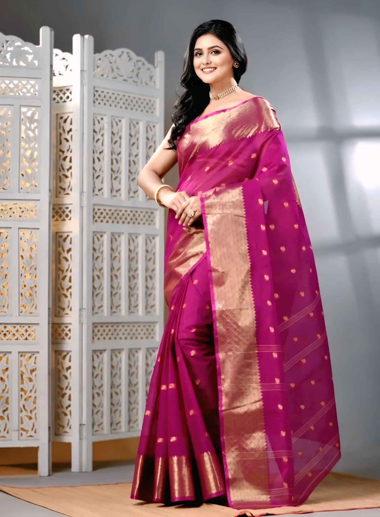 Sutayan Zari Border Purple Cotton Taant Saree
