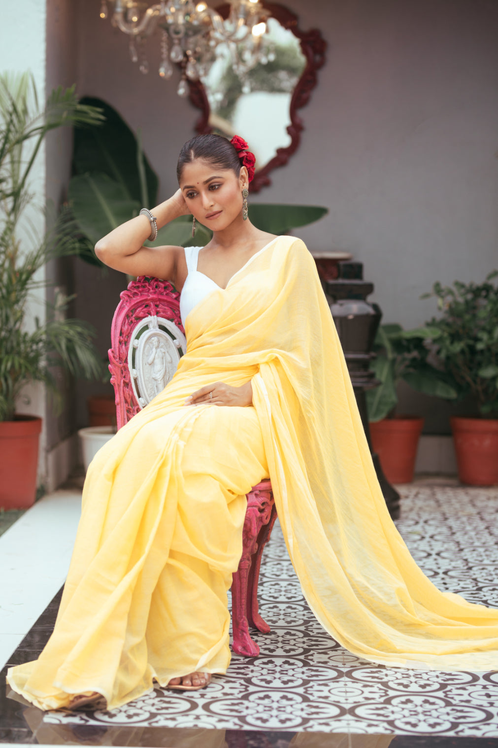 Yellow Mul Cotton Saree