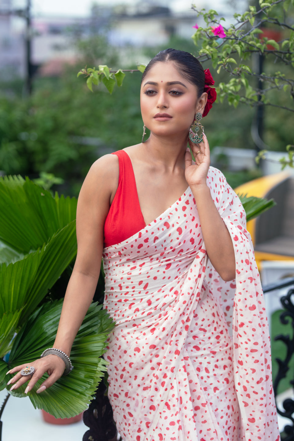 Red Printed Daily Wear Cotton Blend Saree