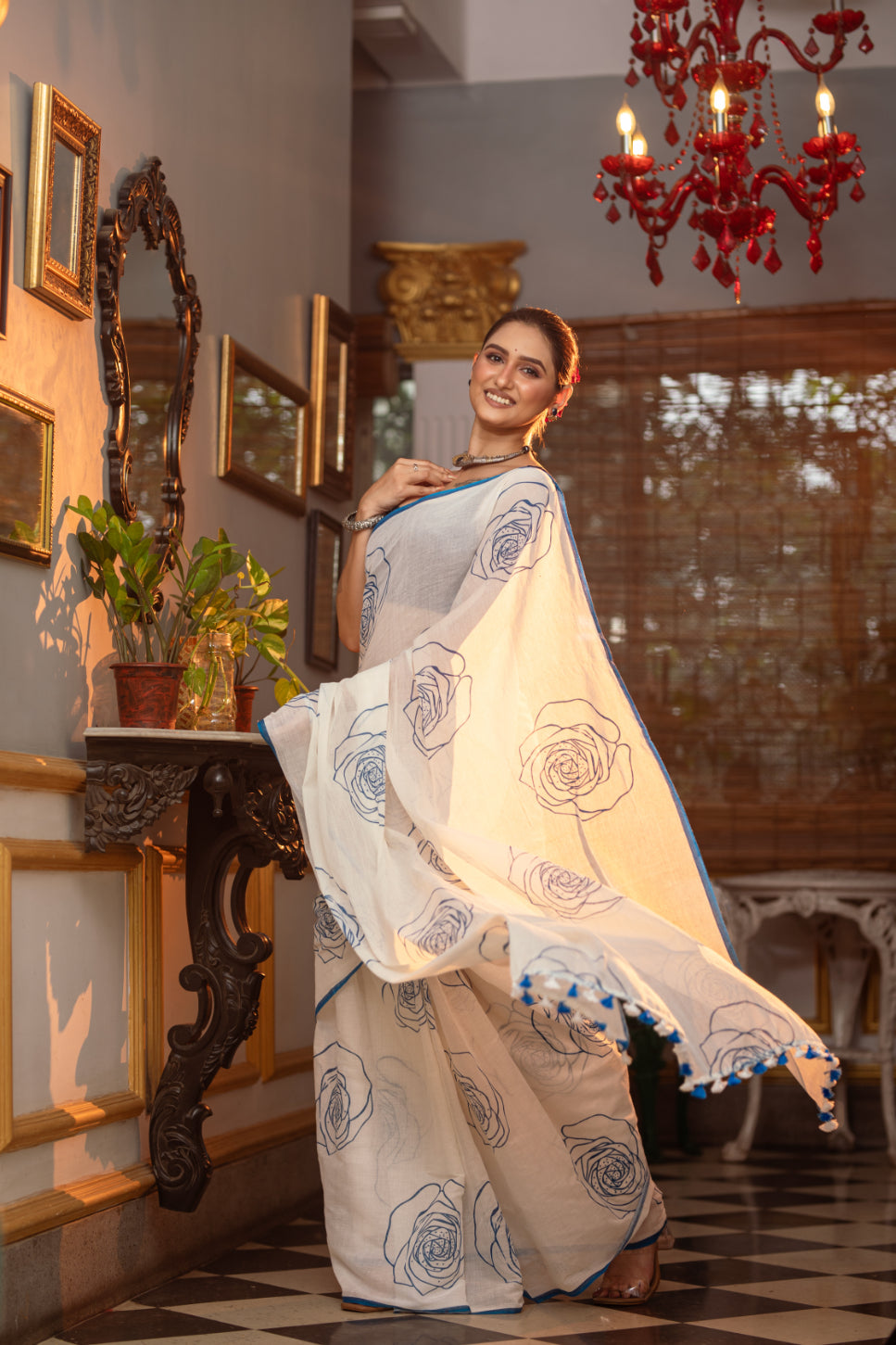 Blue Floral Print Cotton Blend Saree