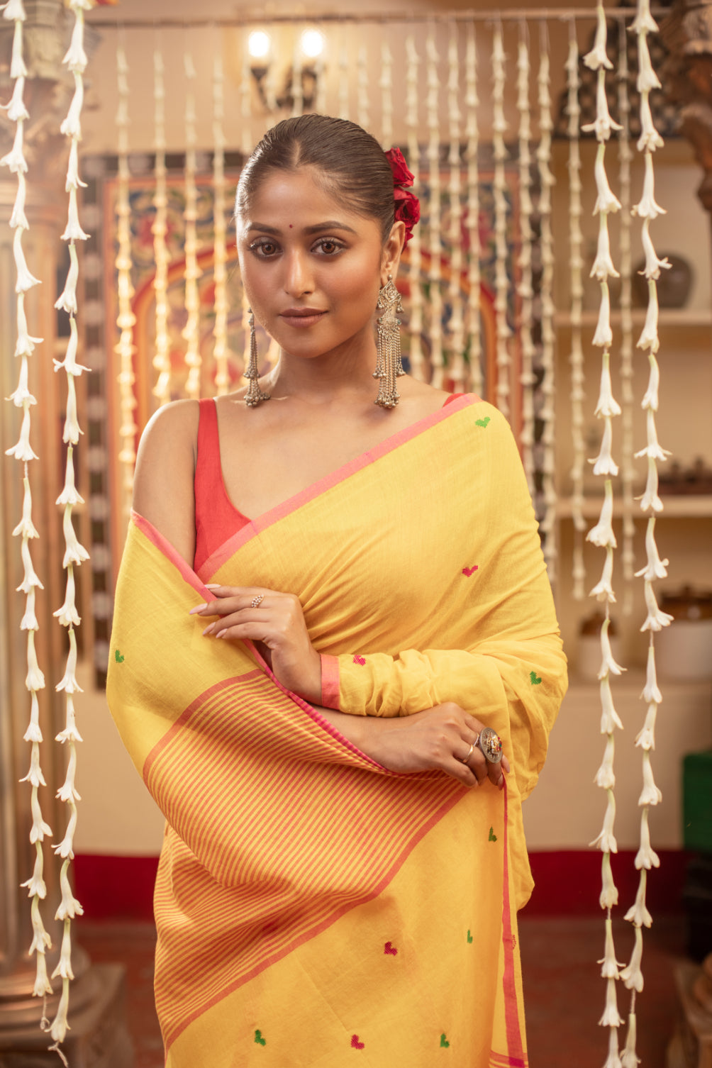 Yellow Cotton Jamdani Saree