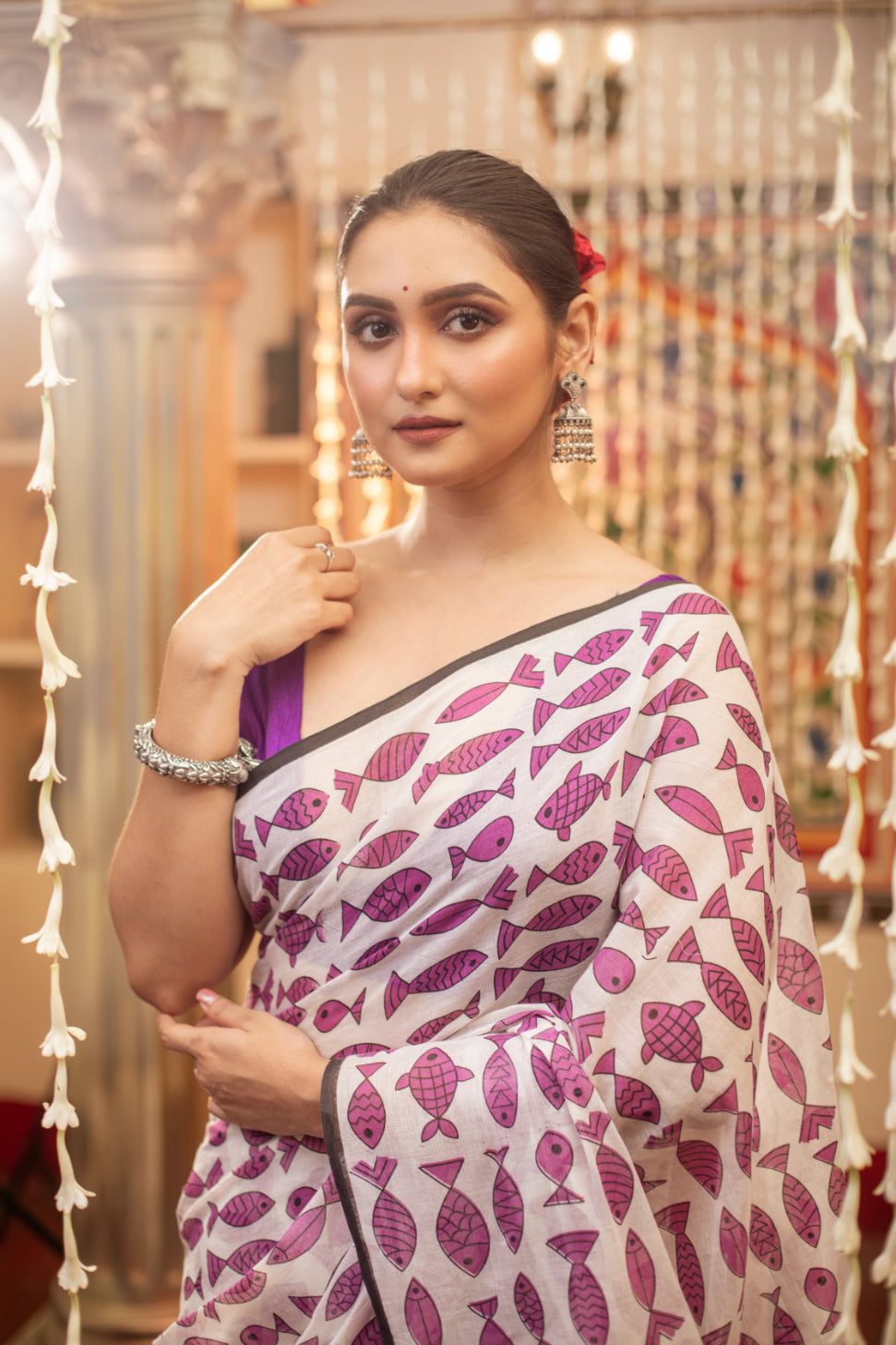 Purple Fish Printed Mix Cotton Saree