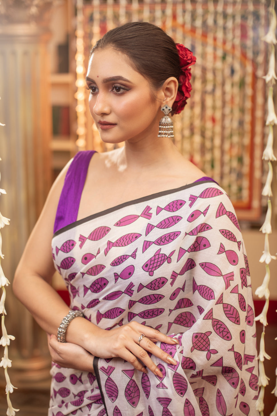 Purple Fish Printed Mix Cotton Saree