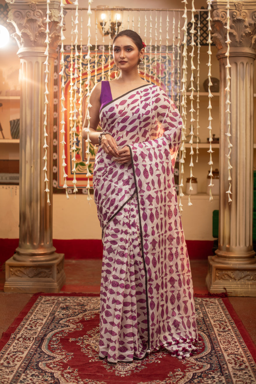Purple Fish Printed Mix Cotton Saree