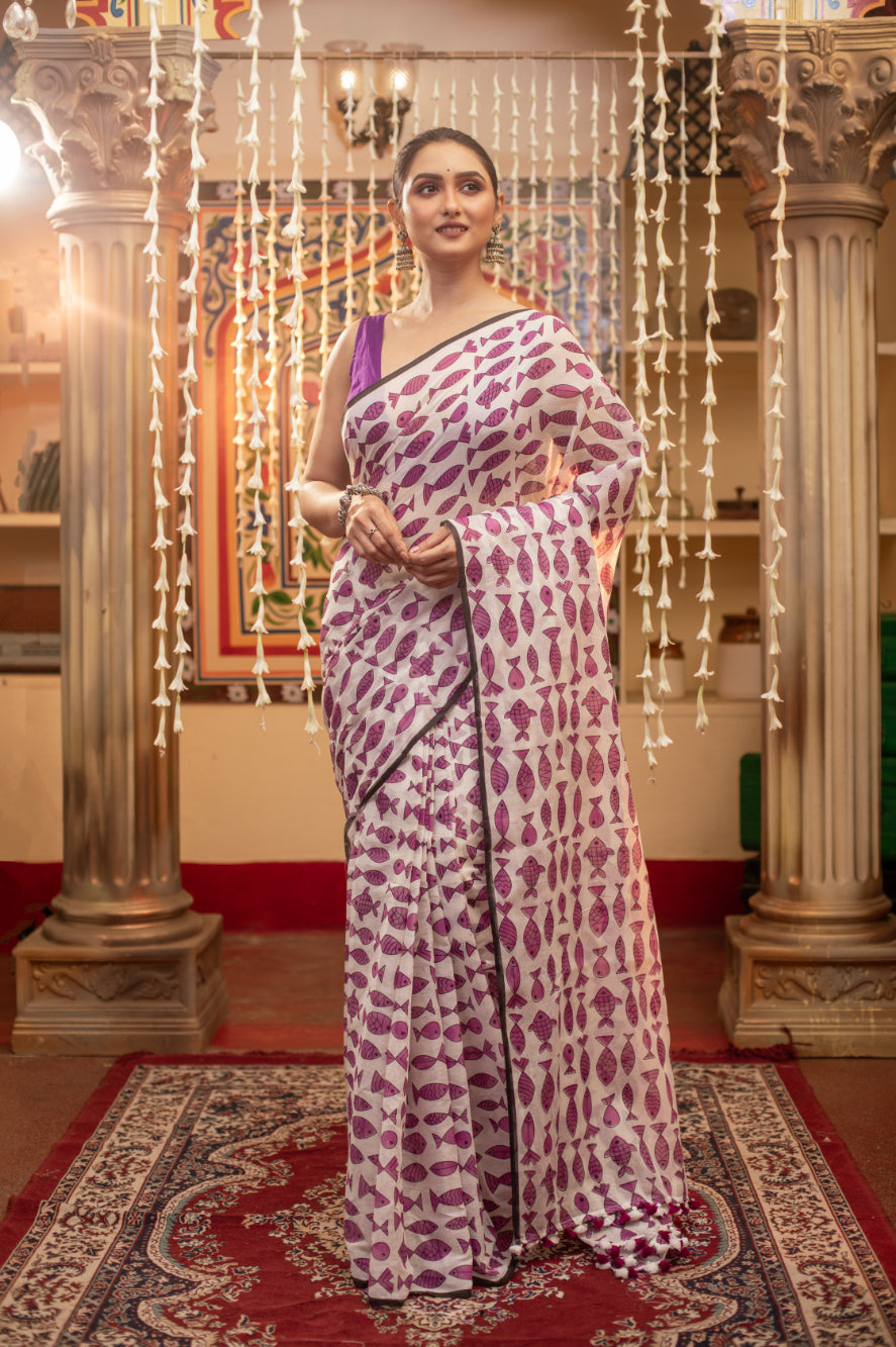 Purple Fish Printed Mix Cotton Saree