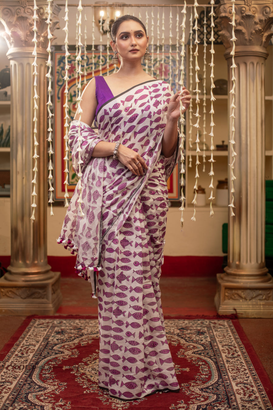 Purple Fish Printed Mix Cotton Saree