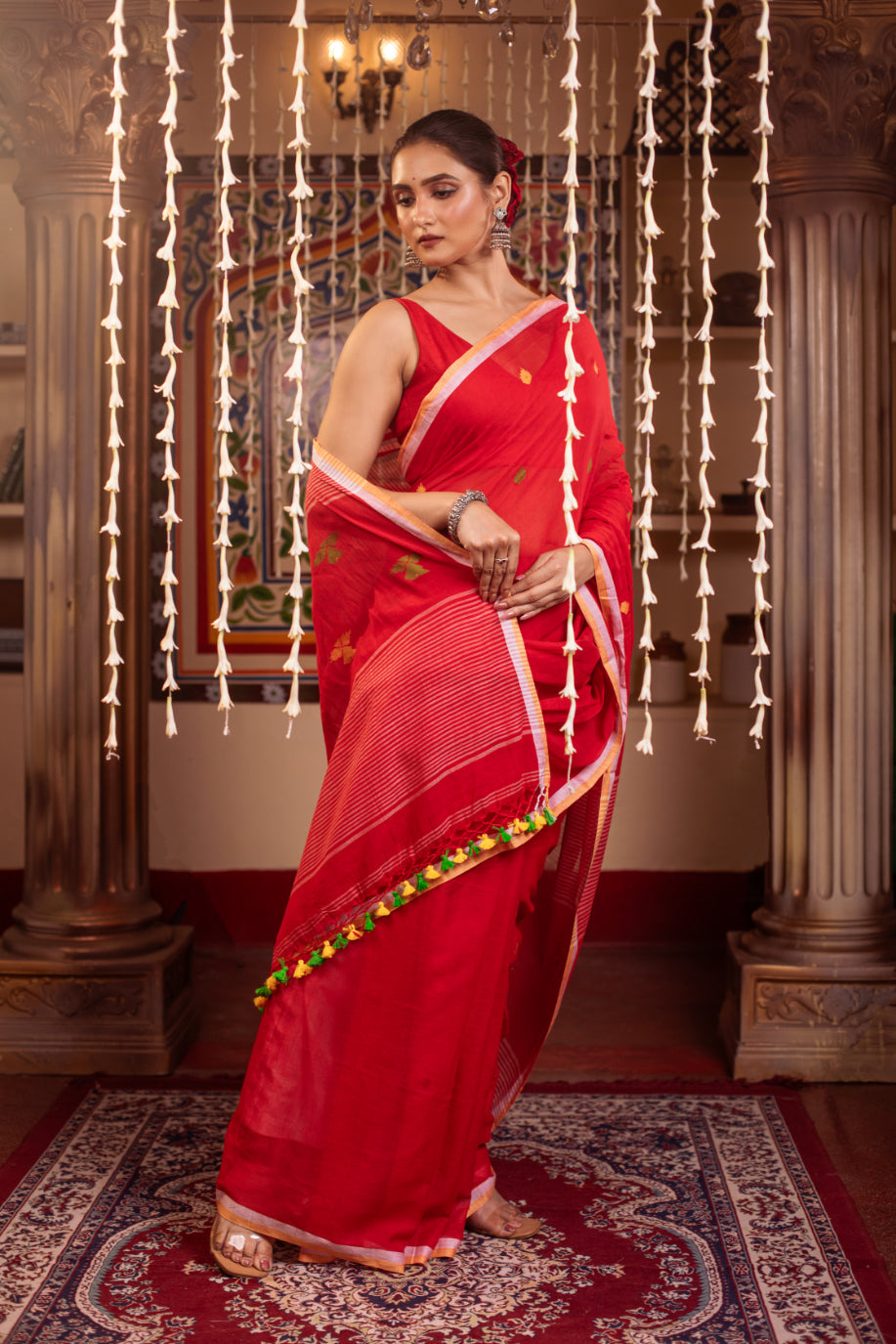 Red Pure Cotton Jamdani Saree