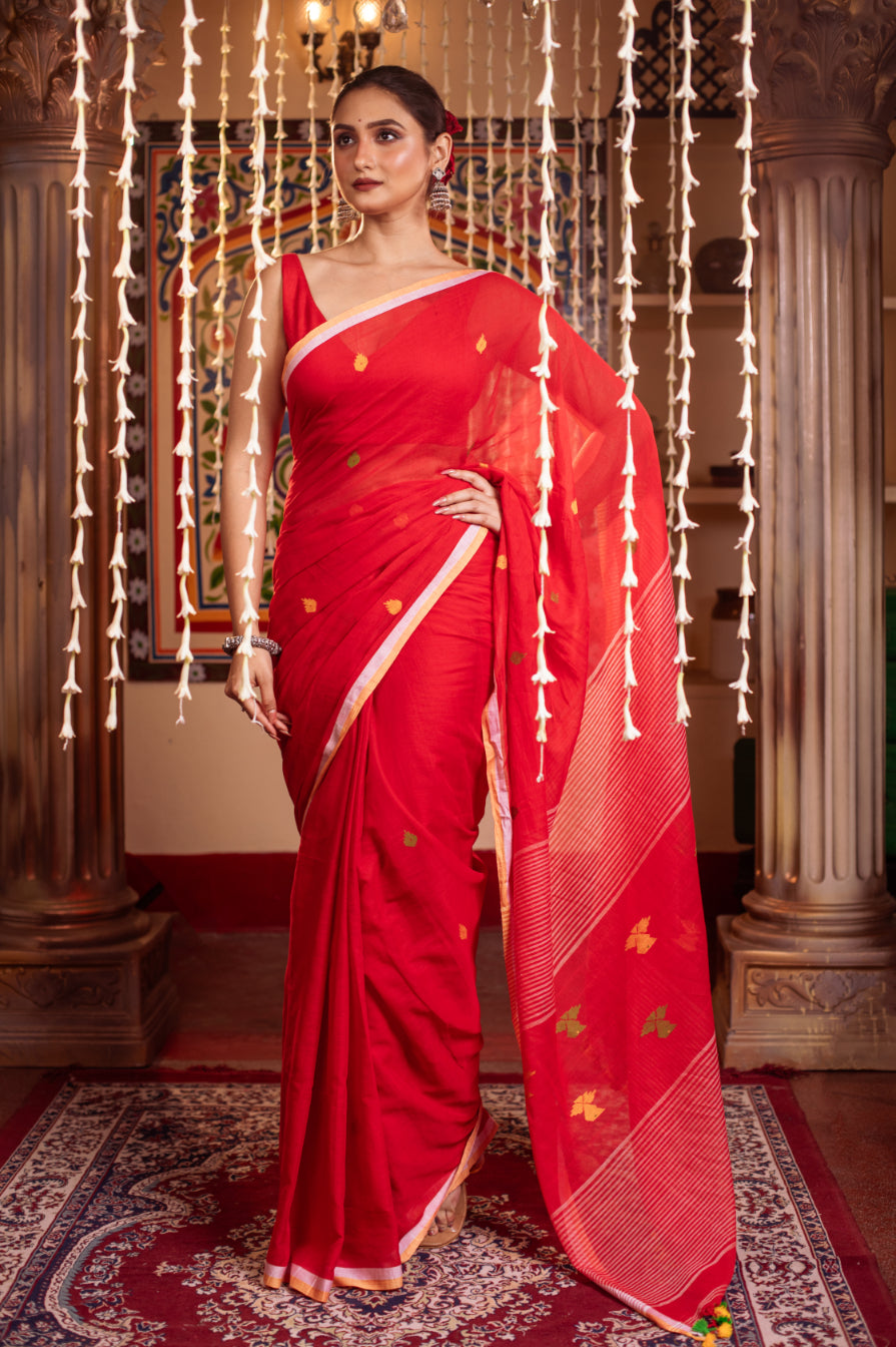 Red Pure Cotton Jamdani Saree