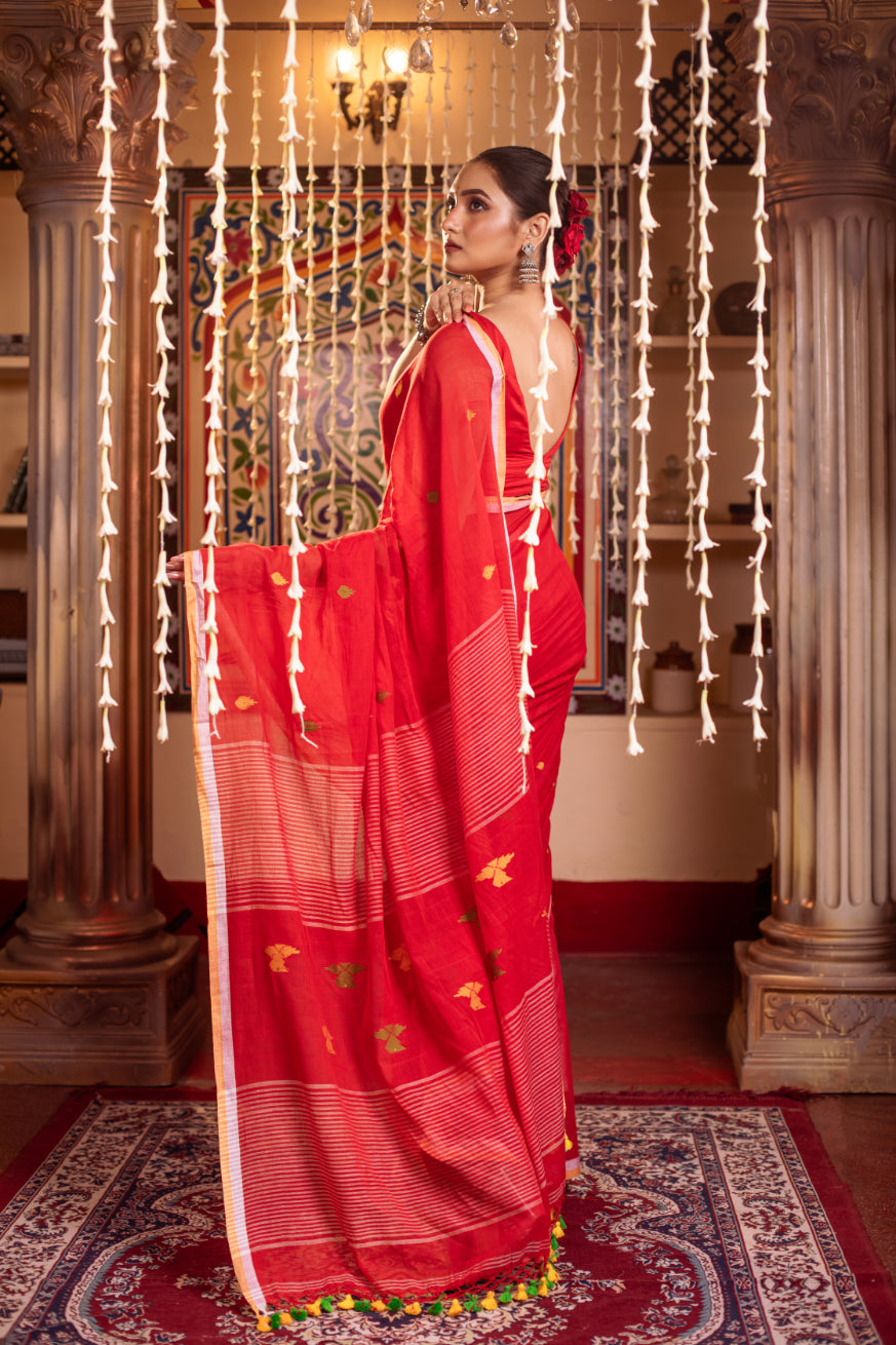 Red Pure Cotton Jamdani Saree