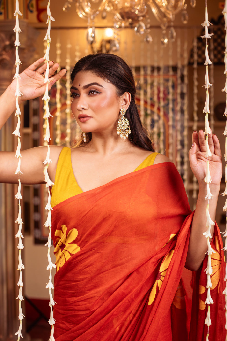 Orange Hand Painted Handloom Pure Cotton Saree