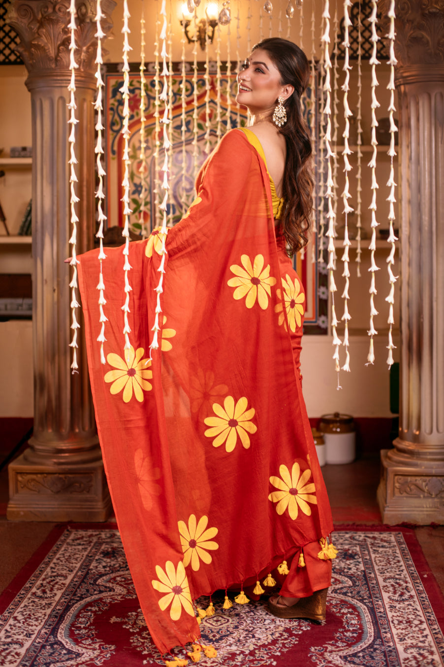 Orange Hand Painted Handloom Pure Cotton Saree