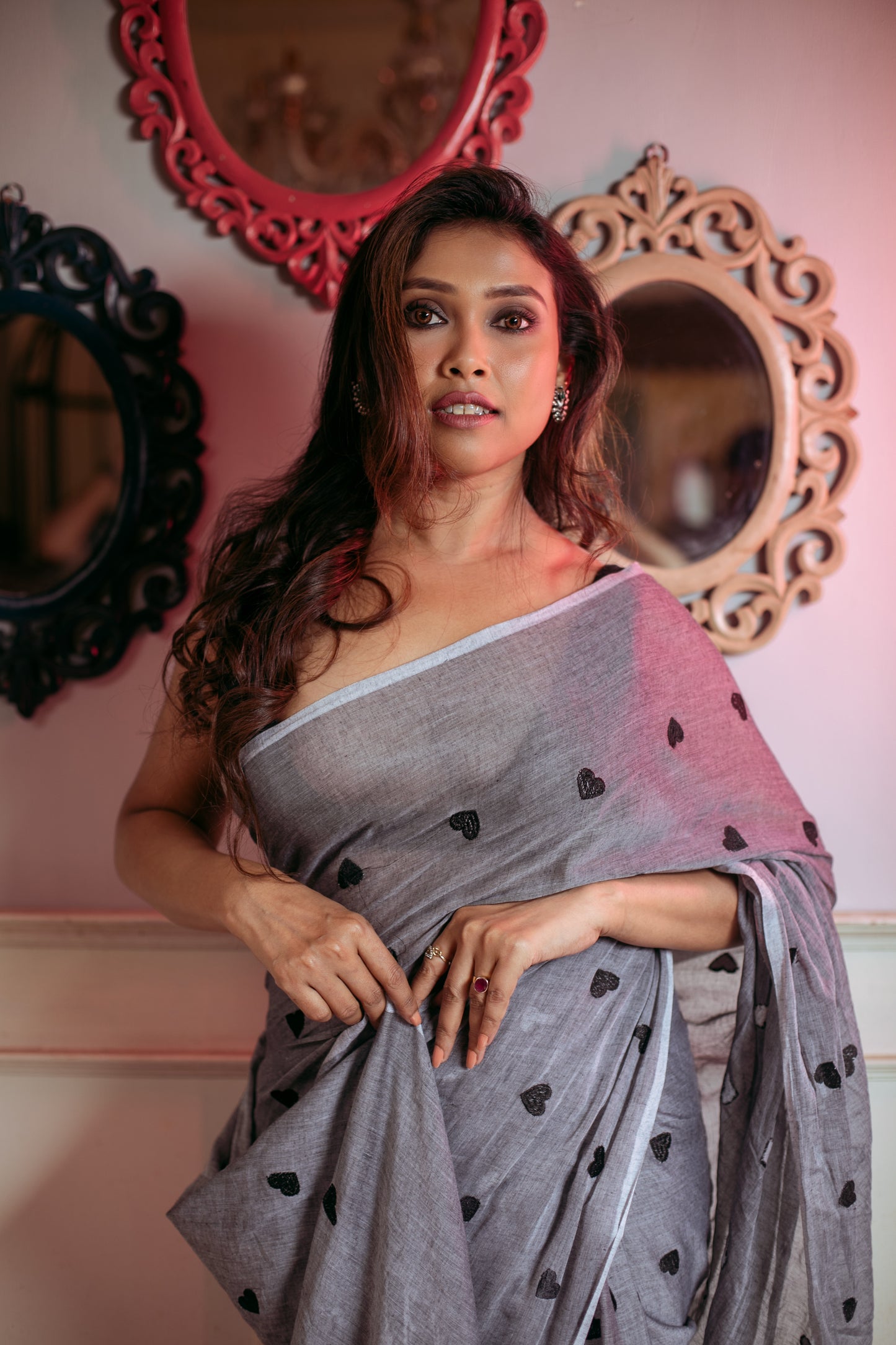 Sutayan Pure Mul Cotton Heart Emboiderdy Grey Saree