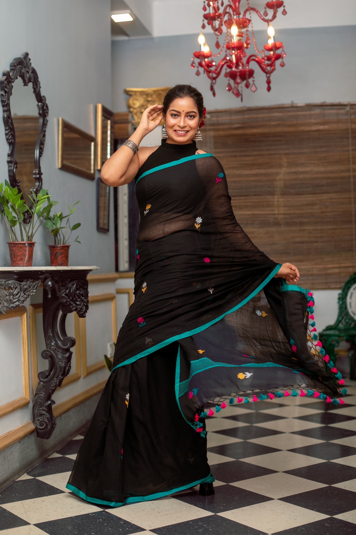 Embroidered Handloom Pure Cotton Black Saree