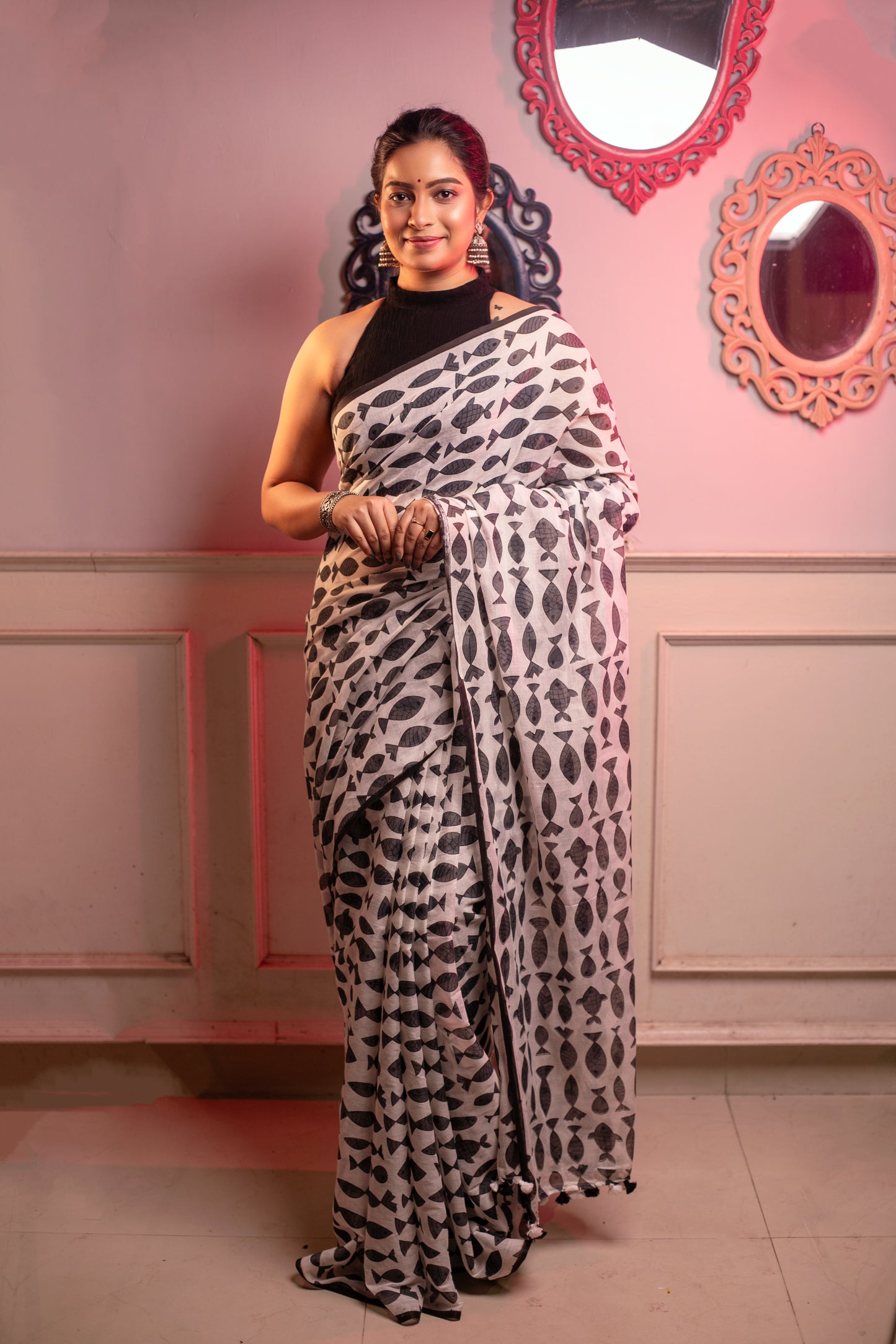 Black Fish Printed Mix Cotton Saree