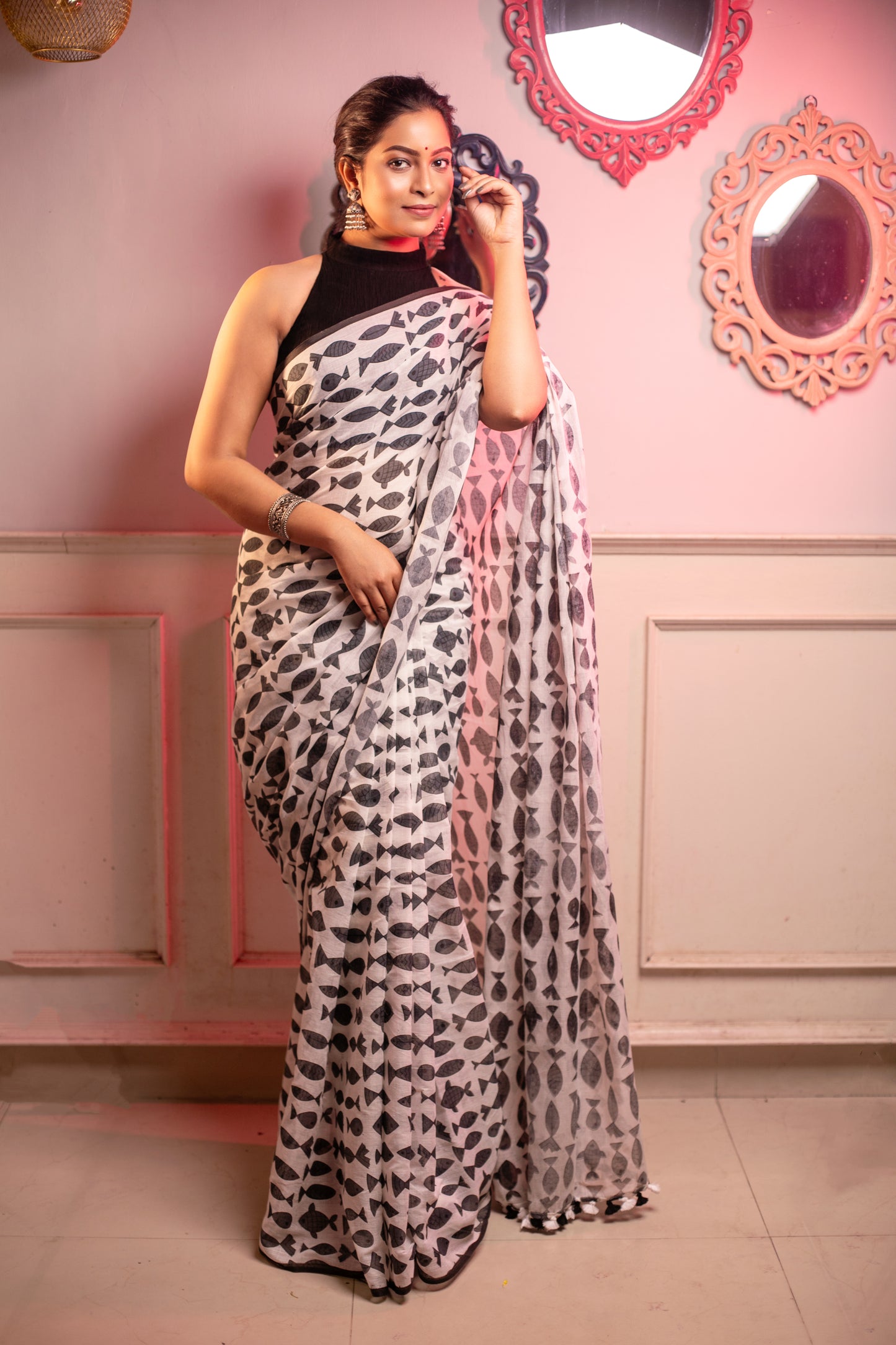 Black Fish Printed Mix Cotton Saree