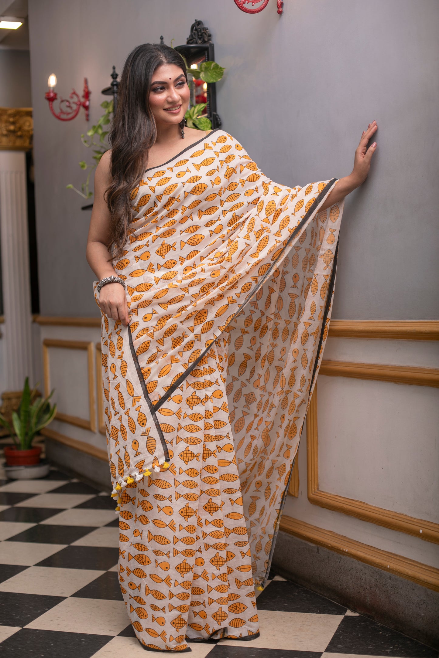 Yellow Fish Printed Mix Cotton Saree