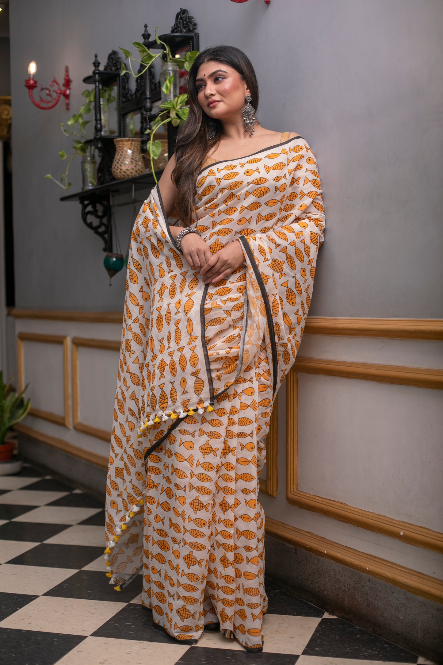 Yellow Fish Printed Mix Cotton Saree