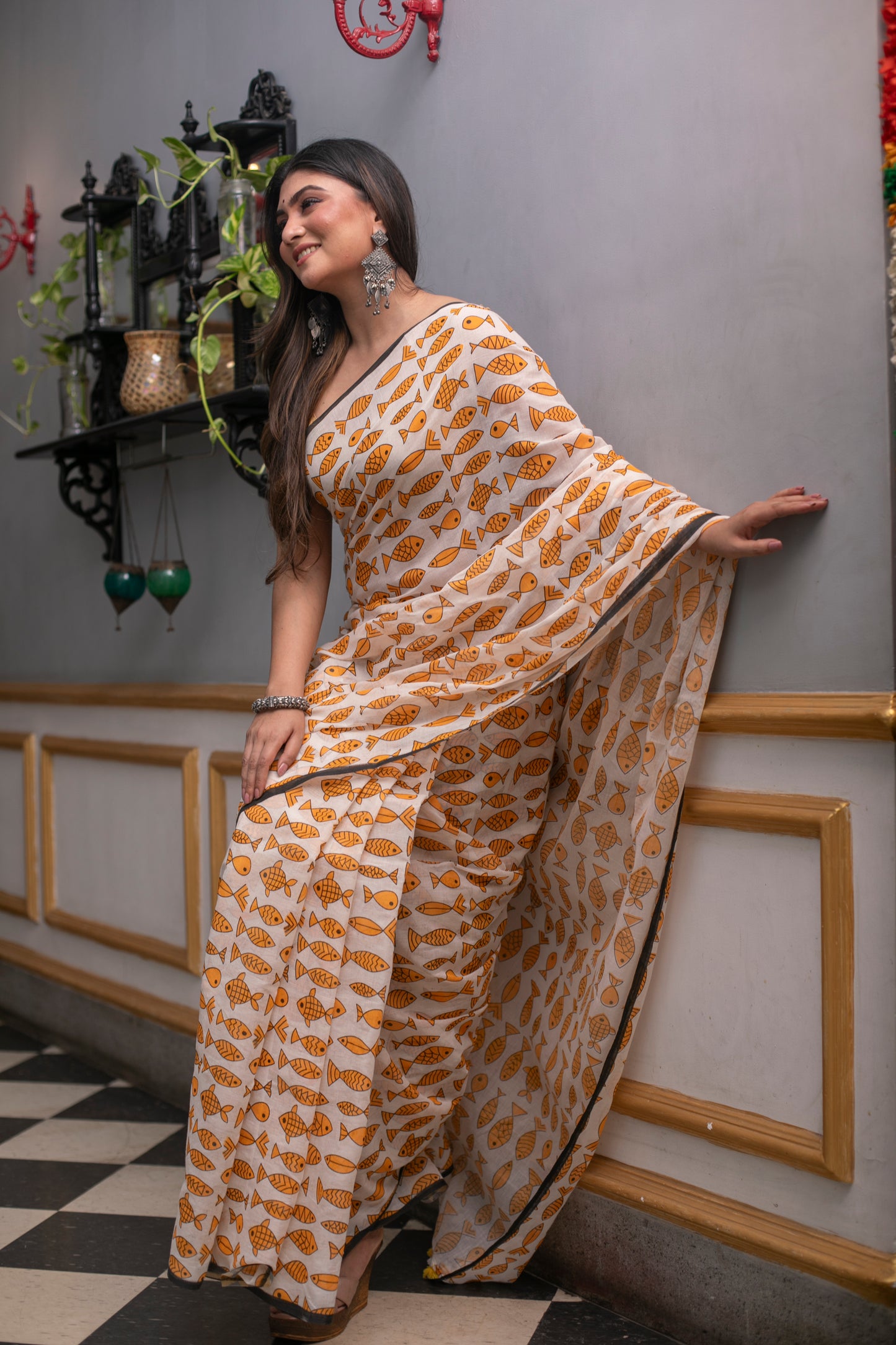 Yellow Fish Printed Mix Cotton Saree