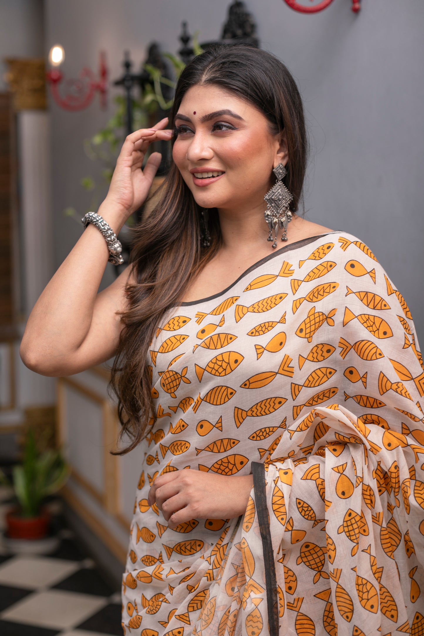Yellow Fish Printed Mix Cotton Saree
