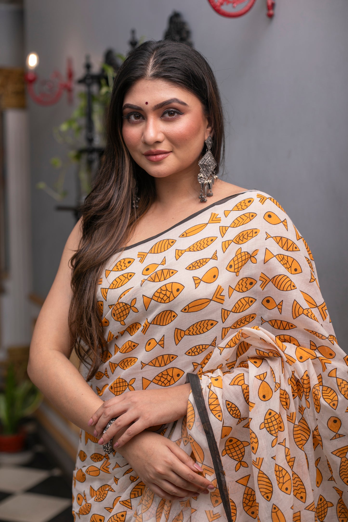 Yellow Fish Printed Mix Cotton Saree