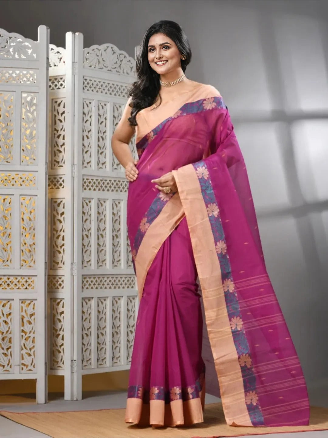 Purple Cotton Taant Jamdani Saree