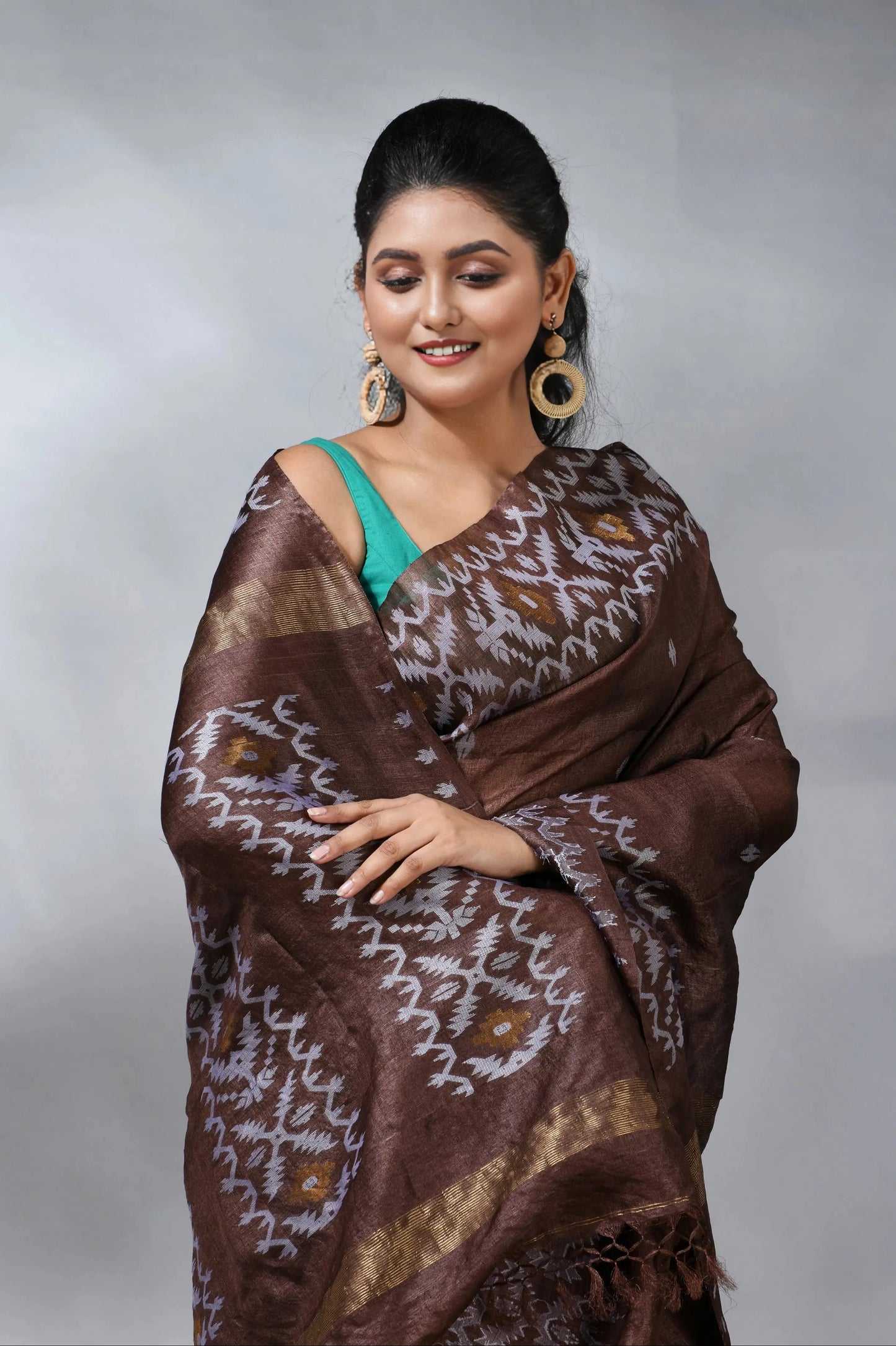 Brown Tussar Jamdani Saree