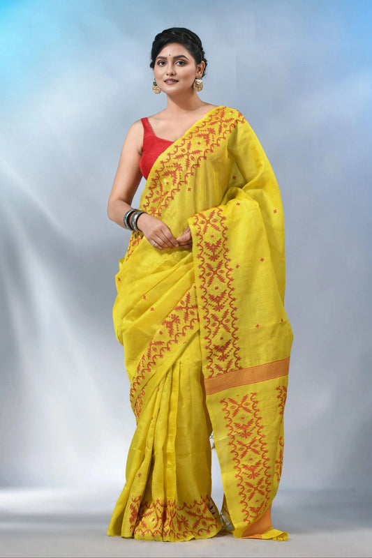 Yellow Tussar Jamdani Saree