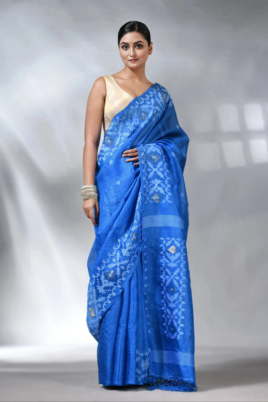 Blue Tussar Jamdani Saree