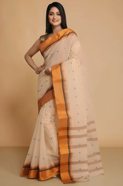 Sutayan Temple Border Beige Cotton Taant Saree
