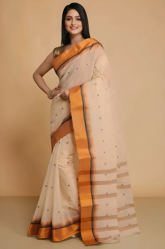 Sutayan Temple Border Beige Cotton Taant Saree