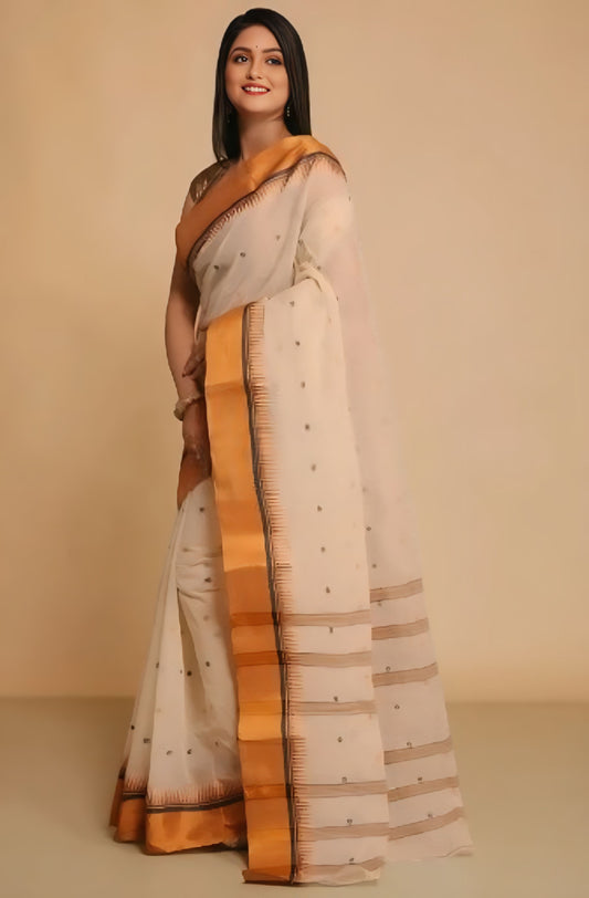 Sutayan Temple Border Beige Cotton Taant Saree