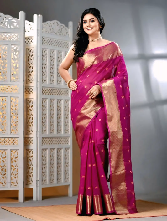 Sutayan Zari Border Purple Cotton Taant Saree