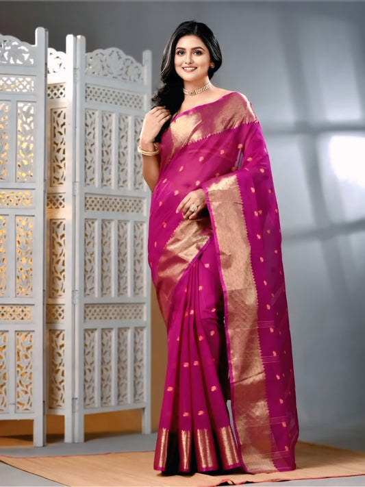 Sutayan Zari Border Purple Cotton Taant Saree