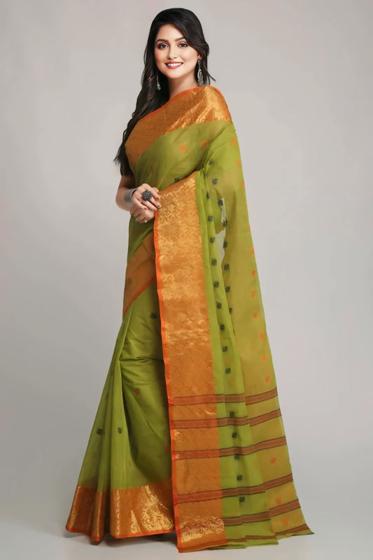 Sutayan Green Zari Border Cotton Taant Saree