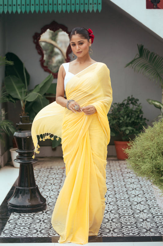 Yellow Mul Cotton Saree