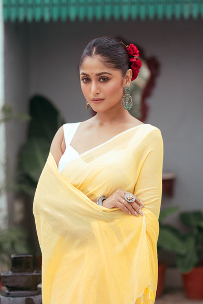 Yellow Mul Cotton Saree