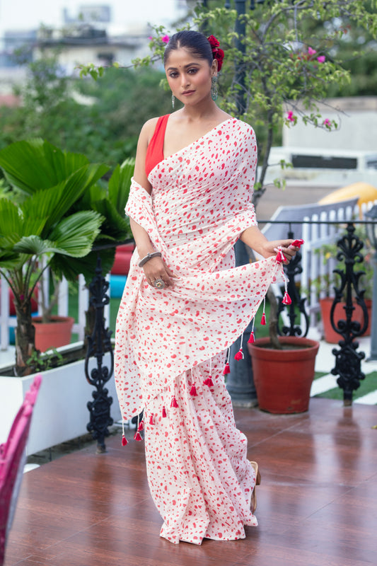 Red Printed Daily Wear Cotton Blend Saree