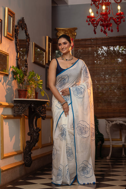 Blue Floral Print Cotton Blend Saree