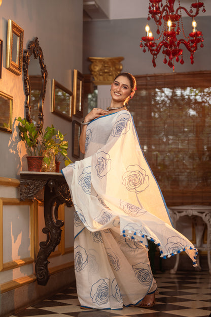 Blue Floral Print Cotton Blend Saree