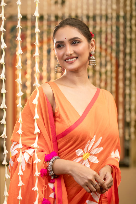 Floral Handpainted Mul Cotton Saree