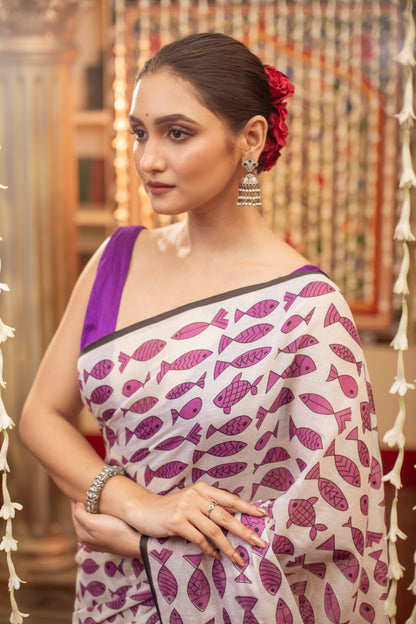 Purple Fish Printed Mix Cotton Saree