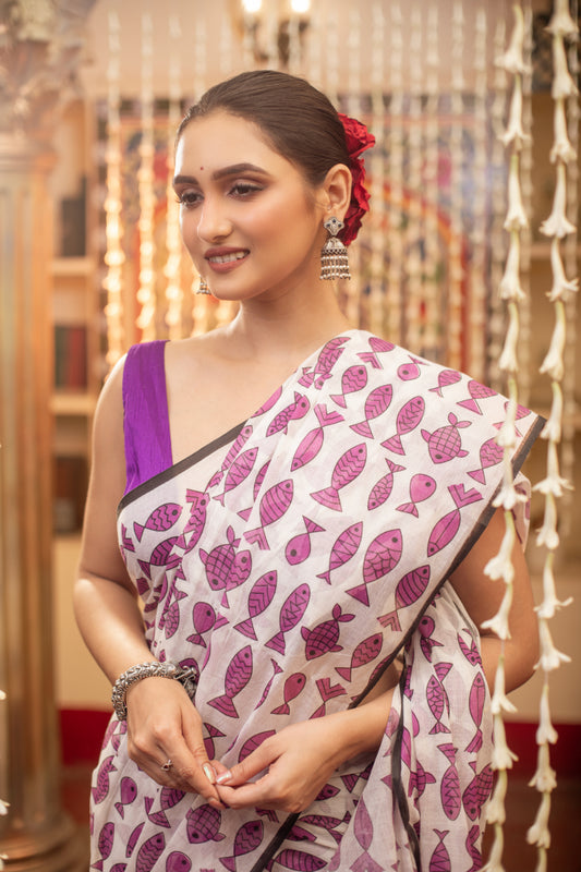 Purple Fish Printed Mix Cotton Saree