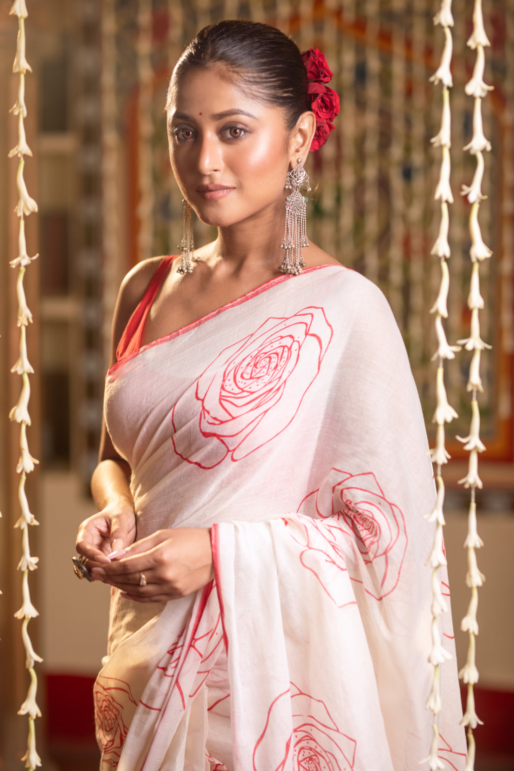 Red Floral Print Cotton Blend Saree