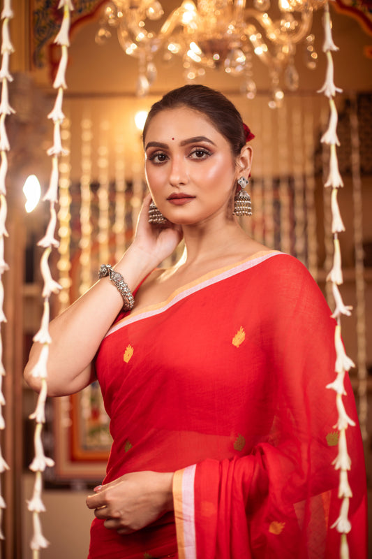 Red Pure Cotton Jamdani Saree