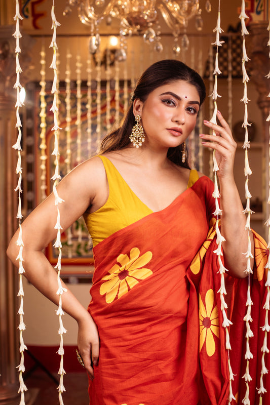 Orange Hand Painted Handloom Pure Cotton Saree