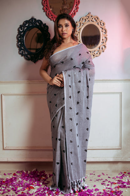 Sutayan Pure Mul Cotton Heart Emboiderdy Grey Saree