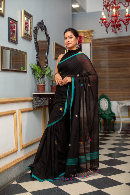Embroidered Handloom Pure Cotton Black Saree