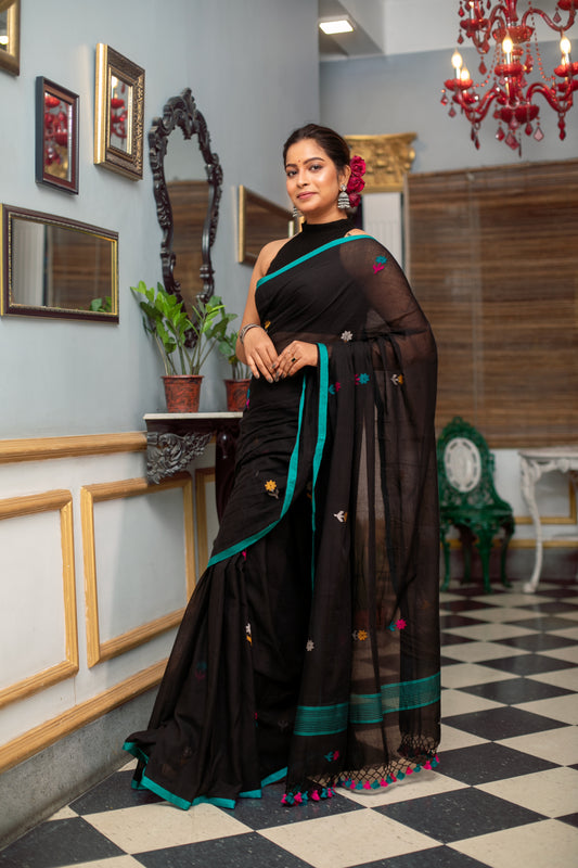 Embroidered Handloom Pure Cotton Black Saree