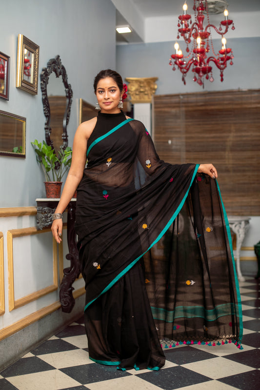 Embroidered Handloom Pure Cotton Black Saree