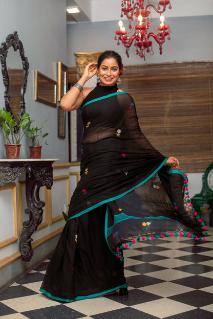 Embroidered Handloom Pure Cotton Black Saree